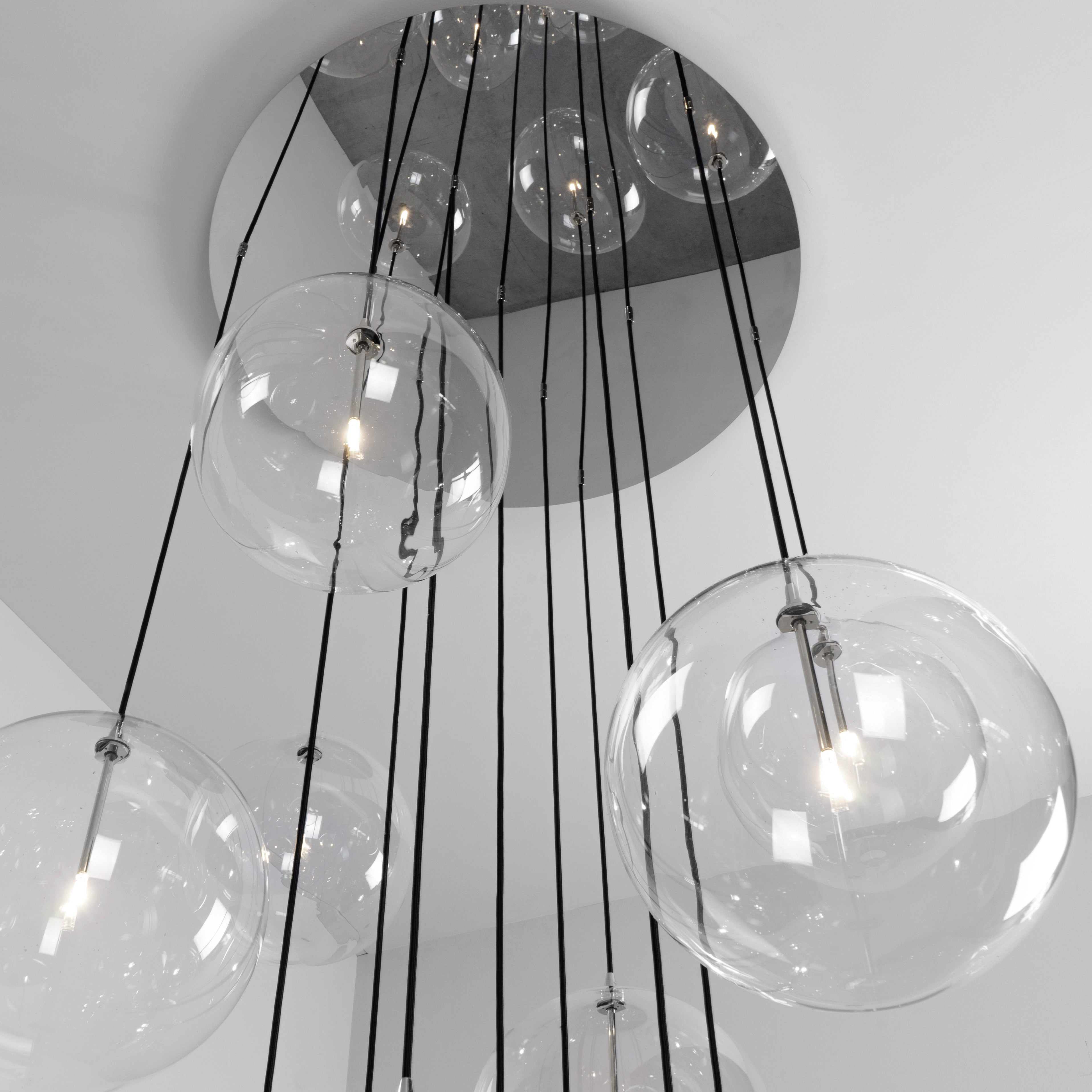 Schwung Cluster 13 Polished Nickel Transparent Globe Mix Chandelier